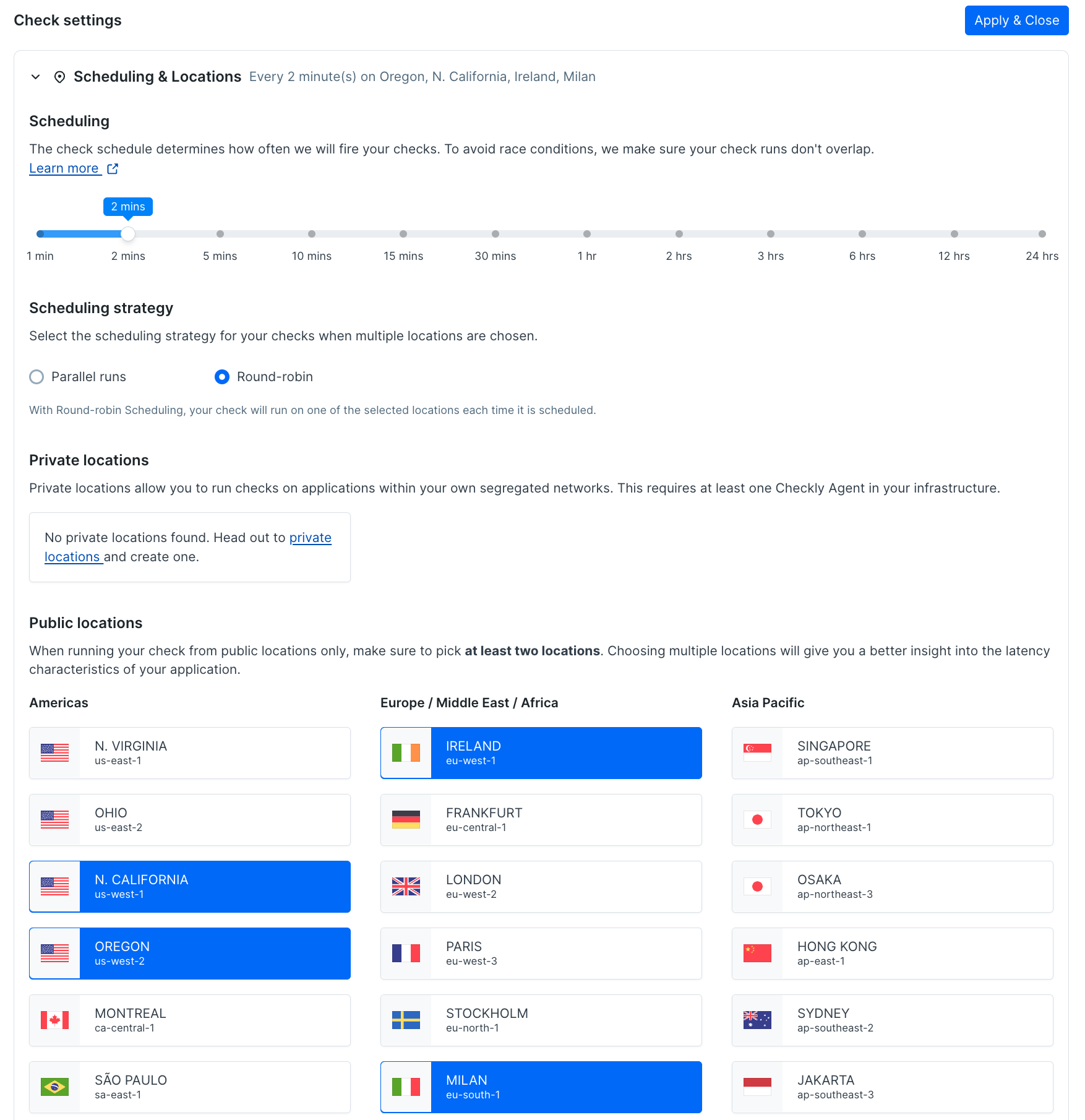 the checkly web UI with multiple frequency settings